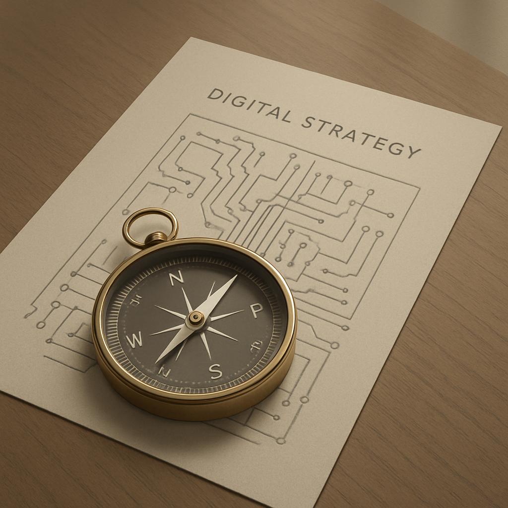 A gold compass on a sheet of paper titled "DIGITAL STRATEGY" placed on a light brown wooden table.
