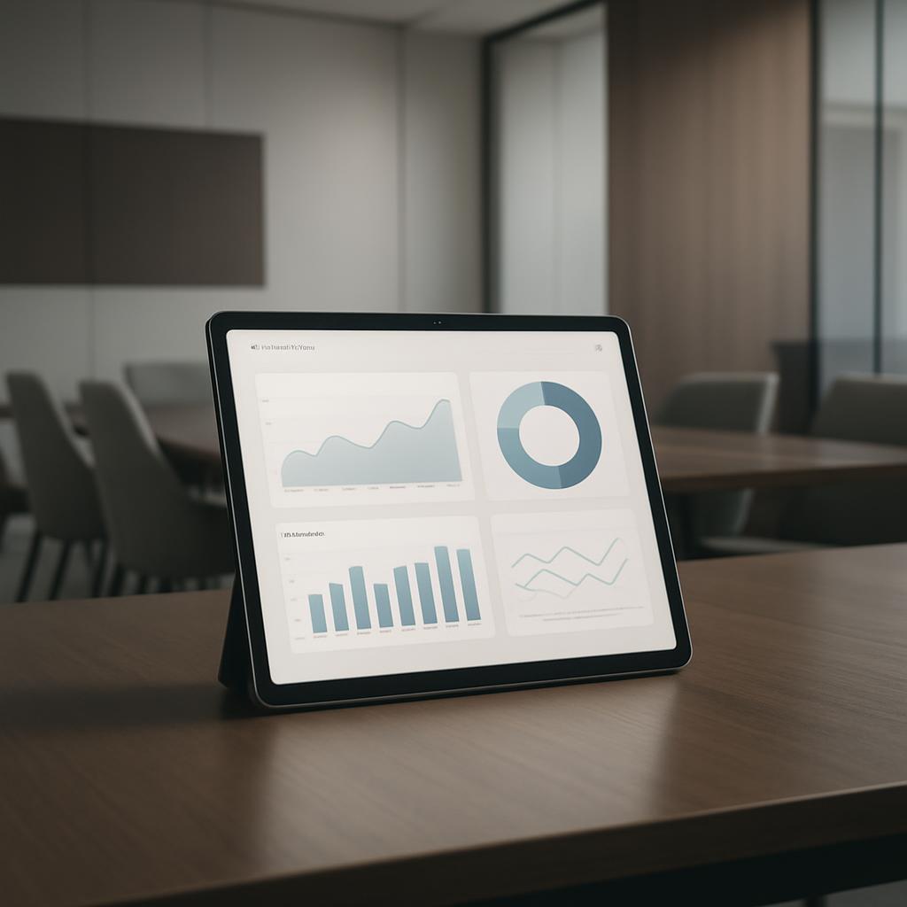 Ecriture par défaut incluant un écran stylisé de tablette avec quatre fenêtres prises dans un graphique final.