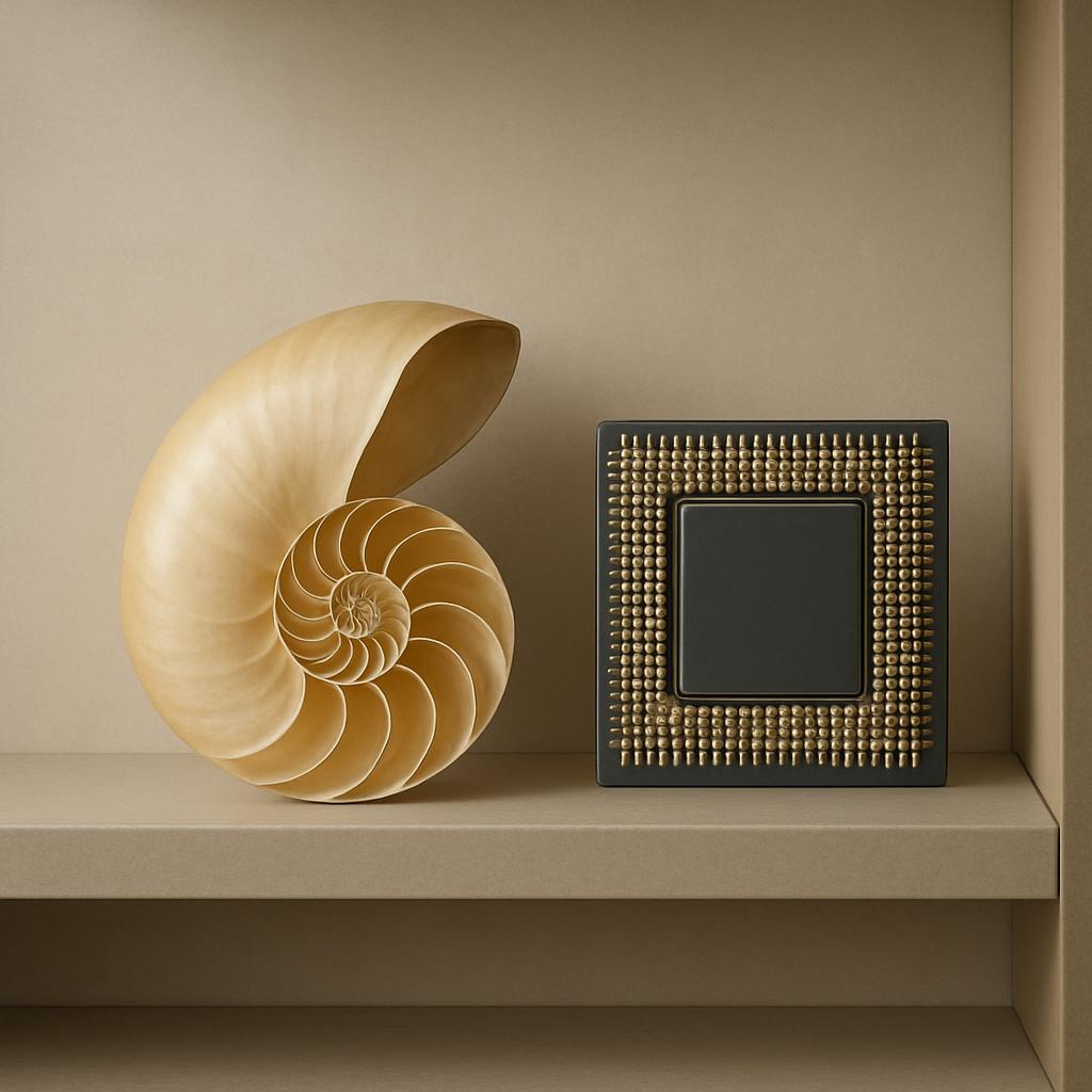 Laonde, cette illustration a pour sujet un microprocésseur à gauche d'un calque du coquillage représenté via une Nautilus ...